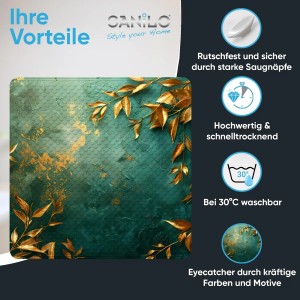 SANILO Badematte Greego, Duschmatte mit goldenem Blätter-Motiv für Badewannen-Zubehör.