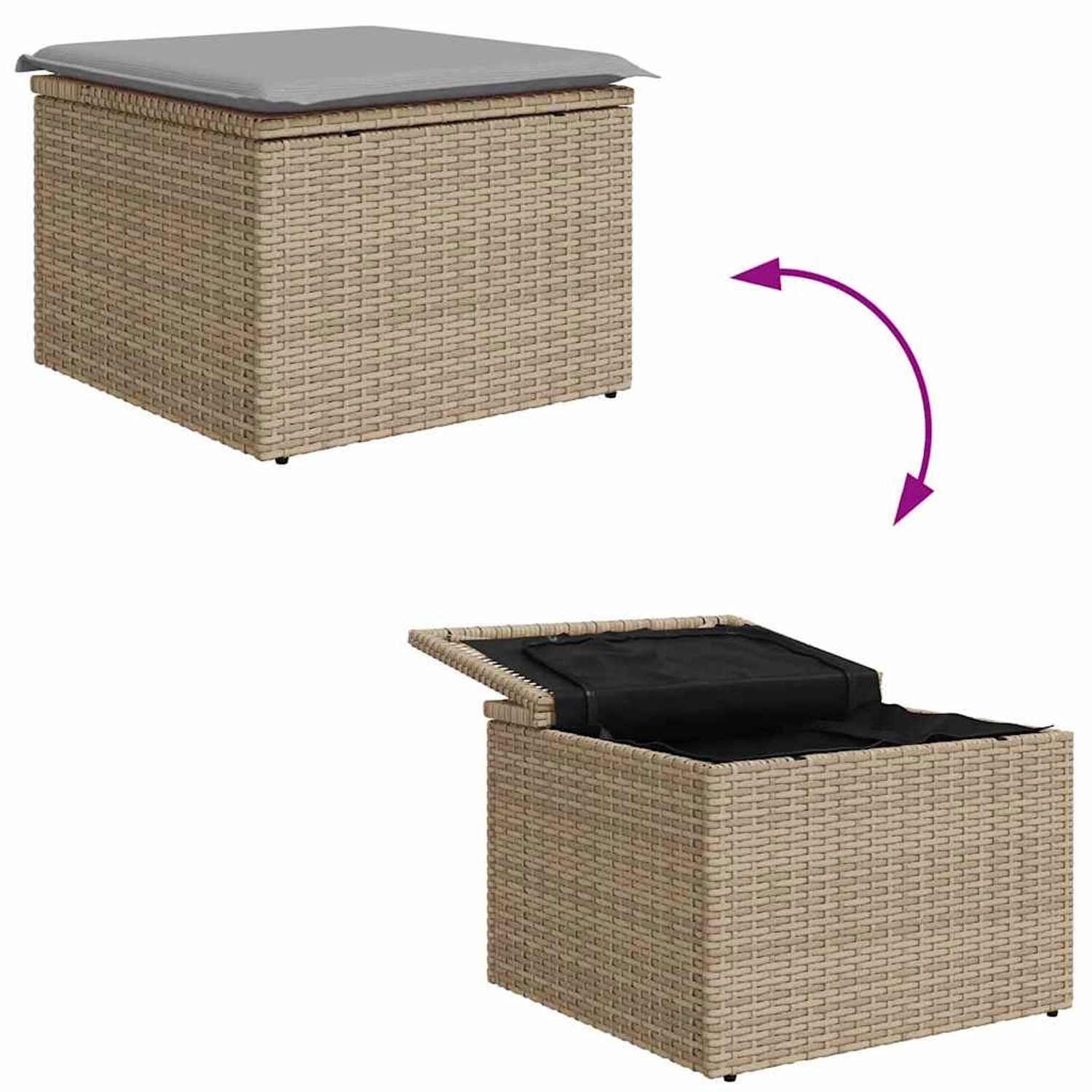 Beiges vidaXL Gartenmöbel-Set: Sofa, Kissen, Stauraum. Poly Rattan Lounge-Set, 5-teilig.