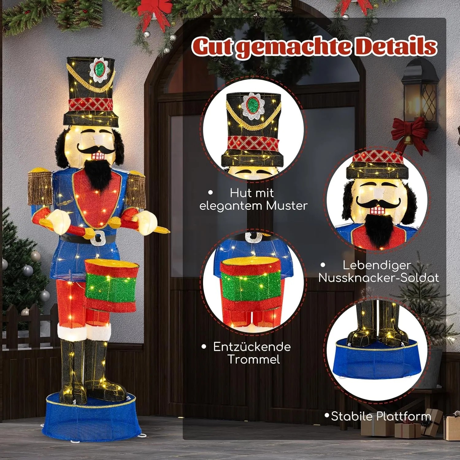 185 cm große, beleuchtete Nussknacker-Figur als Soldat in blauer Uniform mit Trommeln. Festliche Weihnachtsdeko.