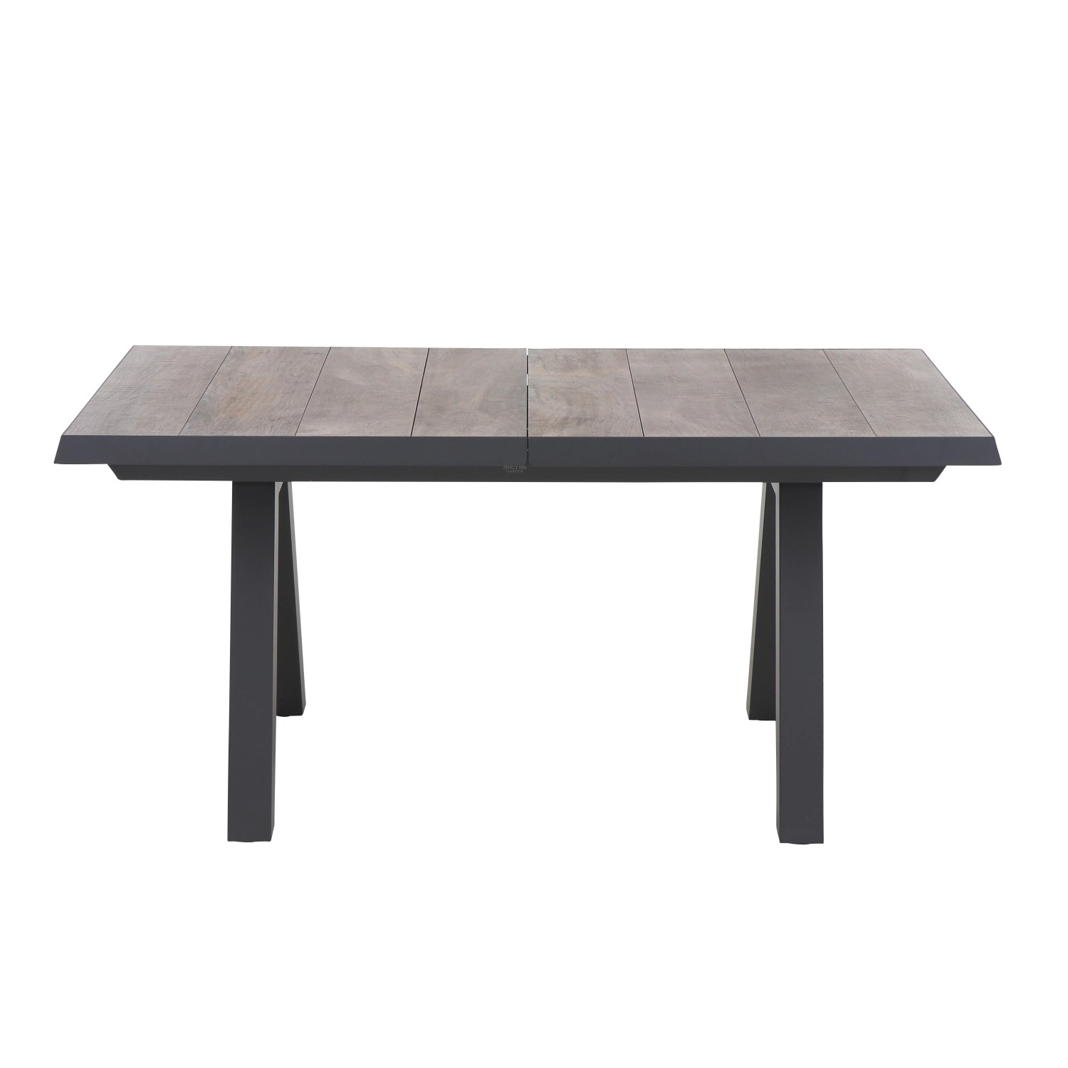 Ausziehbarer, grauer Siena Garden Gartentisch (90x200 cm) mit Keramik-Tischplatte und Aluminiumgestell.