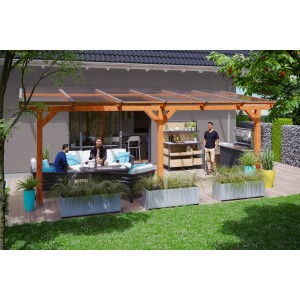 Skan Holz Terrassenüberdachung Bormio, 648x250 cm, Leimholz Eiche Hell mit Polycarbonat-Doppelstegplatten.