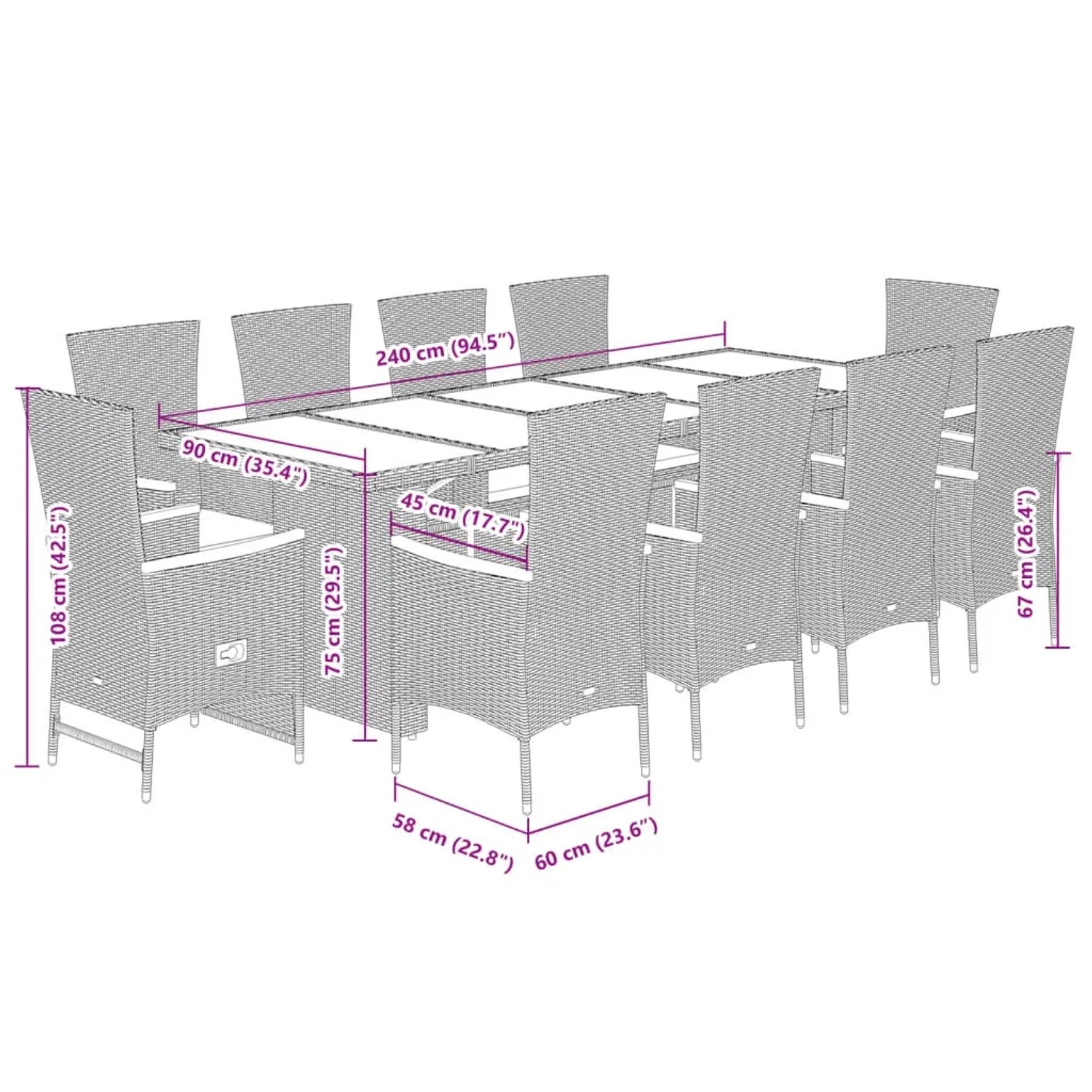 vidaXL Garten-Essgruppe, 11-teilig, grau, Poly Rattan, mit Maßangaben zu Tisch und Stühlen.