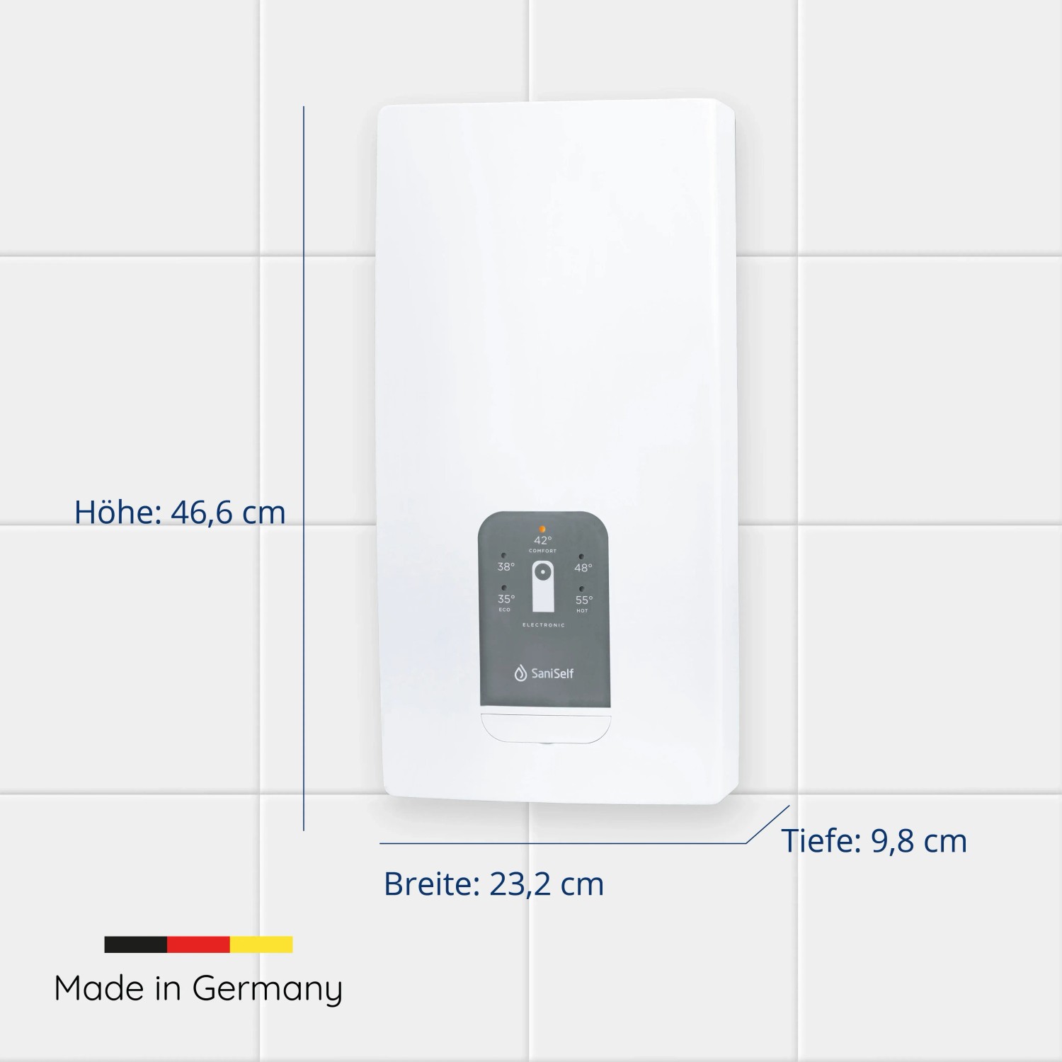 Saniself Durchlauferhitzer Premium, elektronisch geregelt, mit Maßen auf weißer Wand.