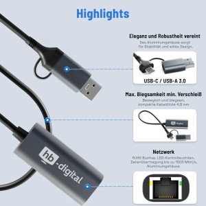 hb-digital USB-C auf Ethernet Adapter mit USB 3.0 und USB-A Adapter.
