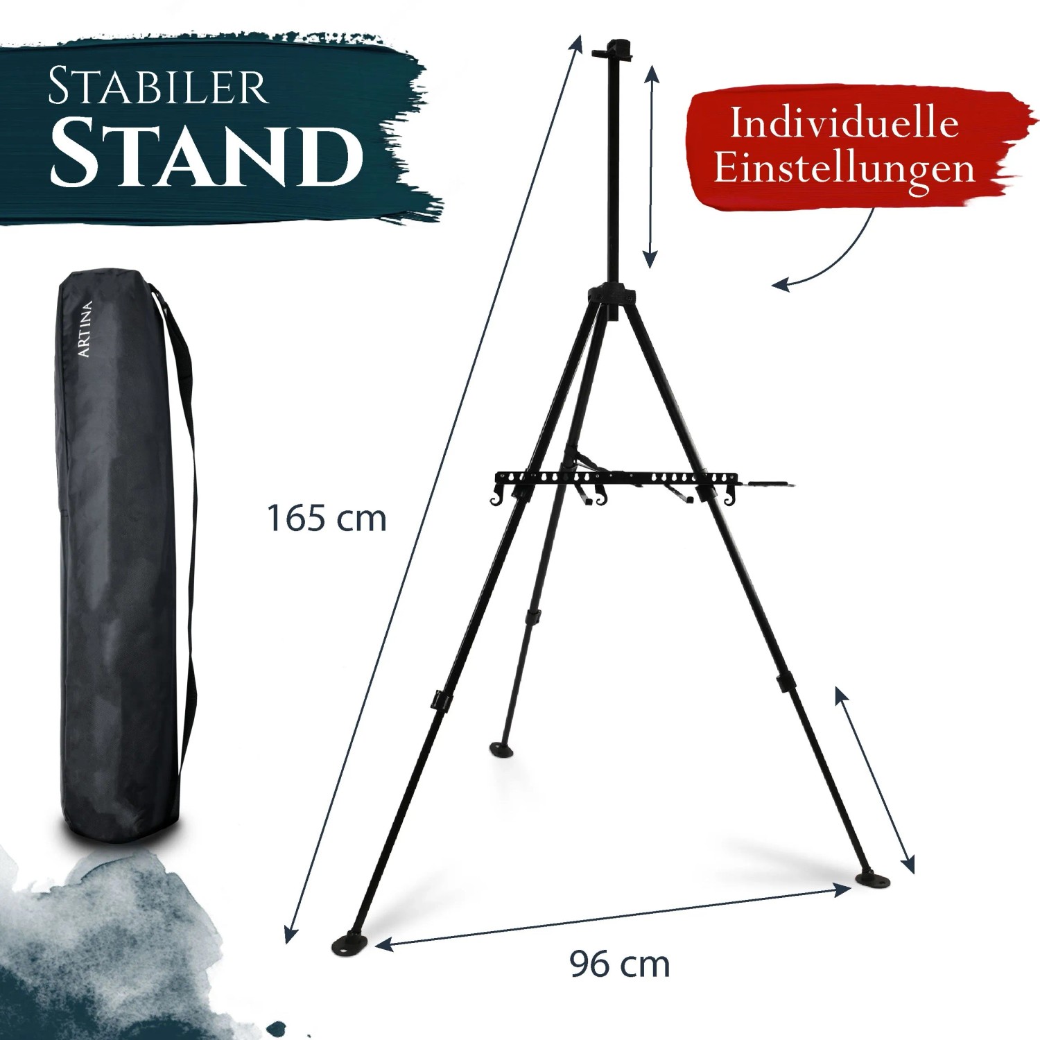 Schwarze Artina Paris Metall Staffelei mit Teleskopbeinen, Pinselhalter und Tragetasche. 165 cm hoch, stabil & tragbar.
