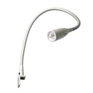 Chromfarbene LED Bettleuchte mit flexiblem Schwanenhals, warmweißes Licht, zur Montage am Nachttisch.