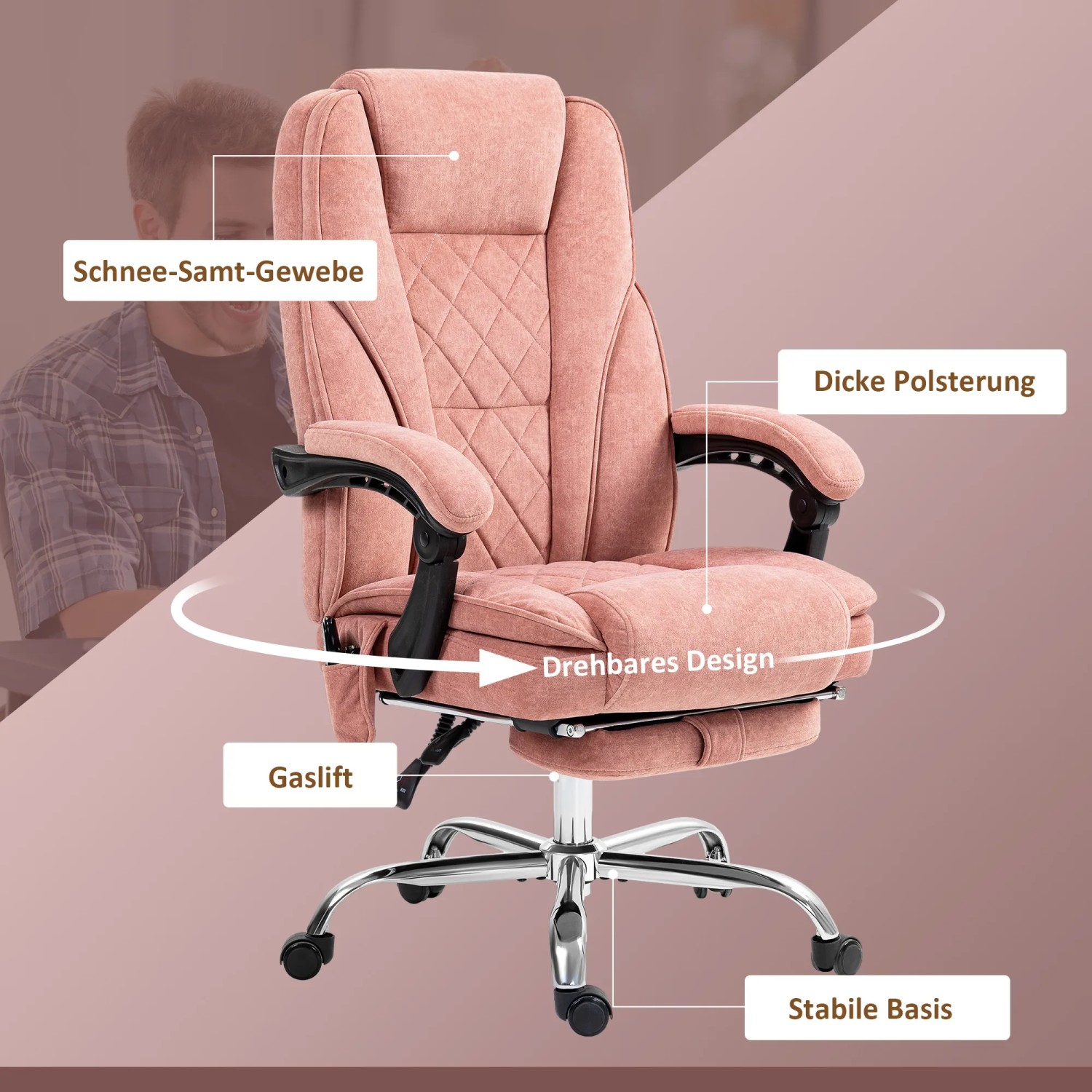 Rosa Vinsetto Bürostuhl mit Massagefunktion, drehbar und höhenverstellbar.
