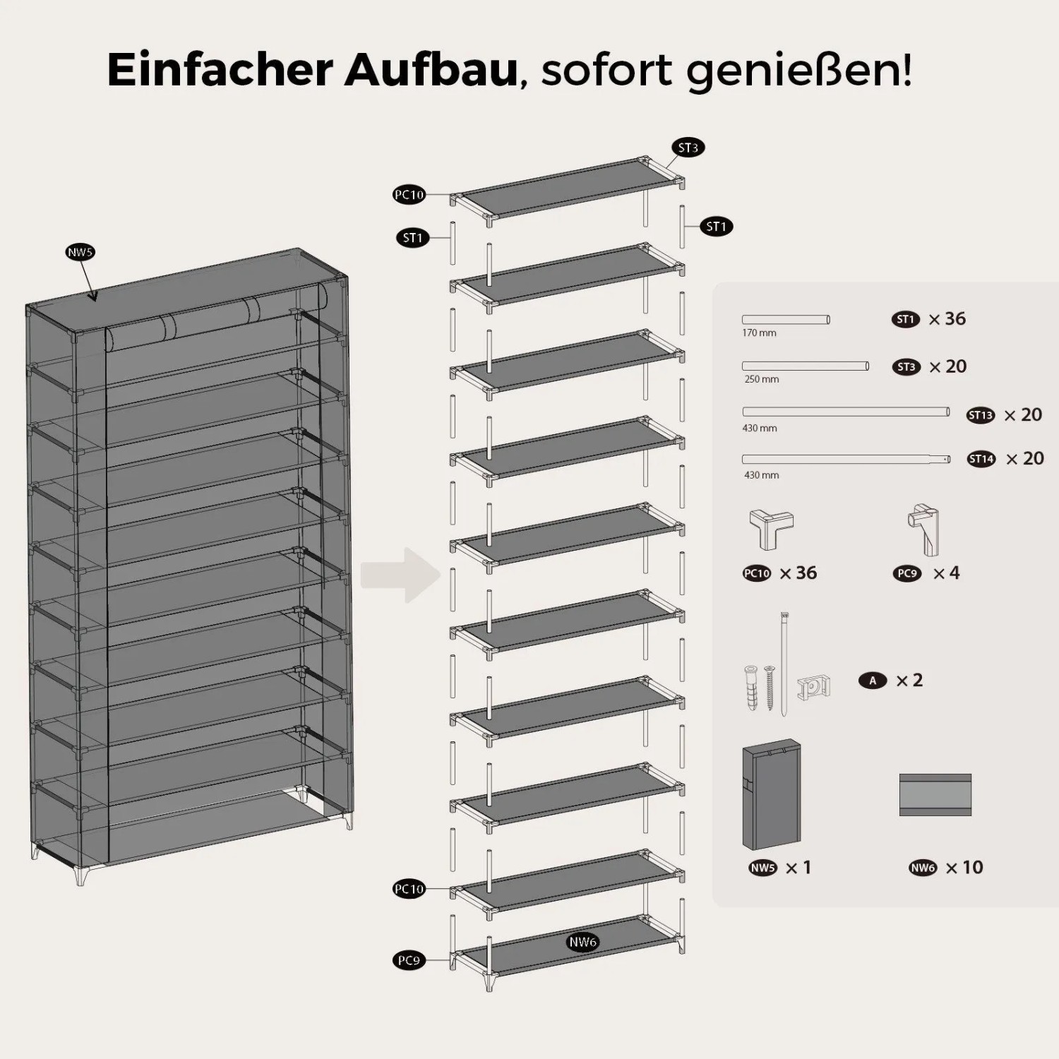 Explosionszeichnung des schwarzen Sekey Stoffschranks/Schuhregals mit 9 Ebenen. Zeigt Einzelteile und einfachen Aufbau.
