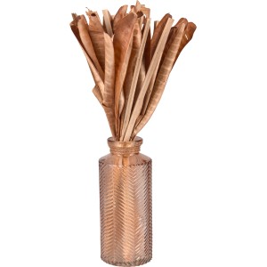 Dunkelbraune Trockenblumen in Ornamentglas-Vase, 30 cm hoch, für die Deko im Wohnbereich.