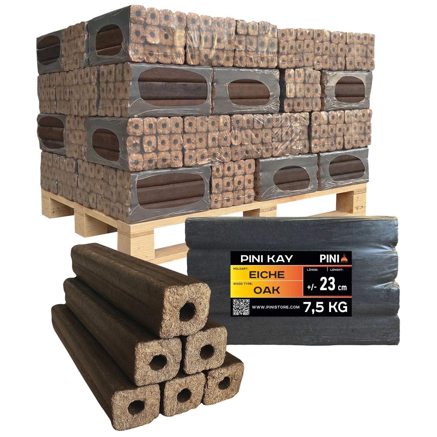 PINI Kay Eichenholzbriketts 23 cm 630 kg Palette Hartholzbriketts Brennholz Eiche Kamin Ofen