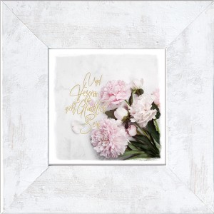 Bild mit Rahmen: Frühlingsblumen in Rosa und Weiß, mit Schriftzug, im Landhausstil.