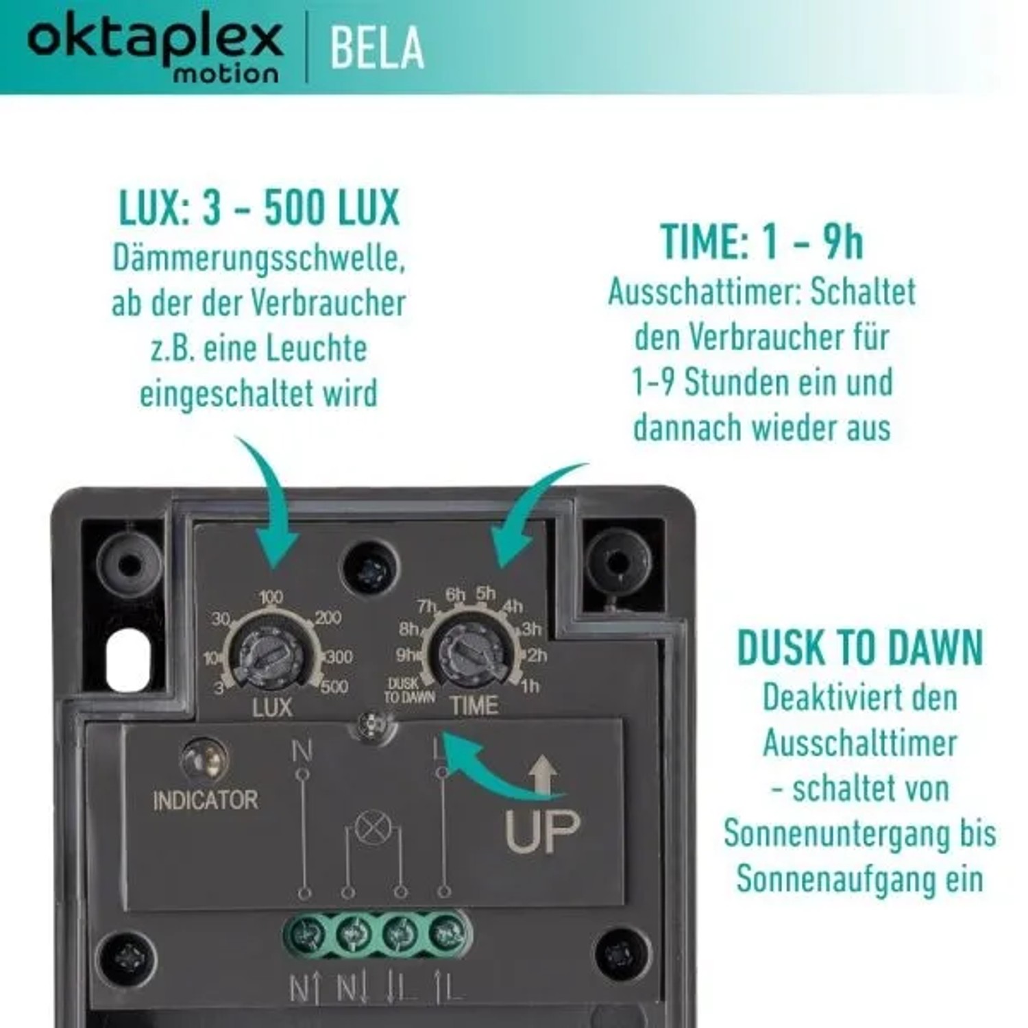 Oktaplex Bela Dämmerungsschalter, anthrazit, mit Einstellmöglichkeiten für Lux und Timer.