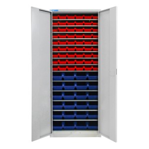 PROREGAL Flügeltürenschrank mit 14 Fachböden und 78 Sichtlagerkästen (rot/blau), Lichtgrau. Aktenschrank für Werkstatt und Garage.