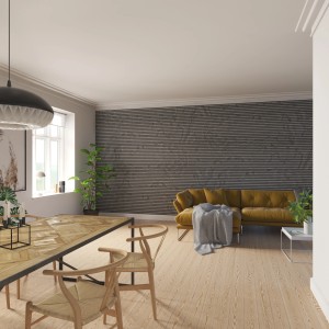 Wohnraum mit Akustikpaneel Steinfurnier Rustic in Schwarz an der Wand.