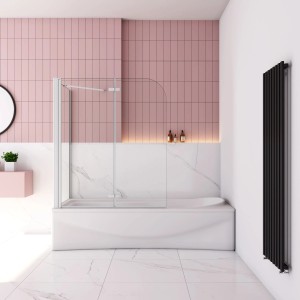 AICA Badewannenaufsatz, 90cm, mit 75cm Seitewand, 2-teilige Faltwand, 6mm Nano-ESG Duschabtrennung, weißer Rahmen.