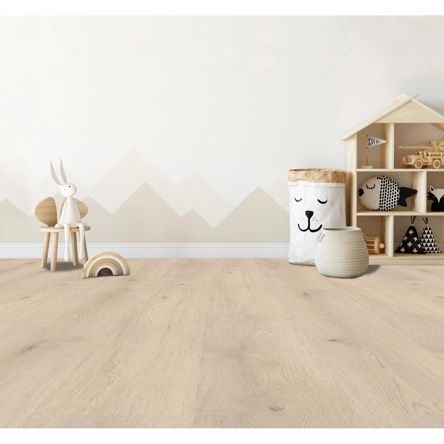 Heller Check One Click-Vinylboden Weitenhagen Oak im Kinderzimmer mit Spielzeug.