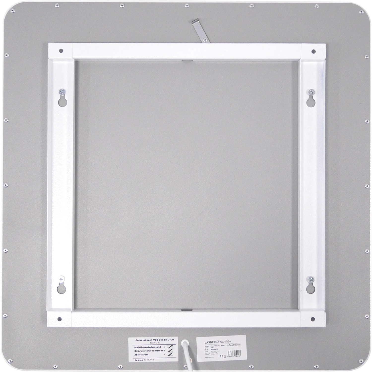 Rückseite der weißen Vasner Infrarotheizung Citara M Plus 1100W mit Wandhalterung.