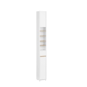 Schmaler, weiß-naturfarbener SoBuy Badezimmerschrank mit Fächern und Schublade.