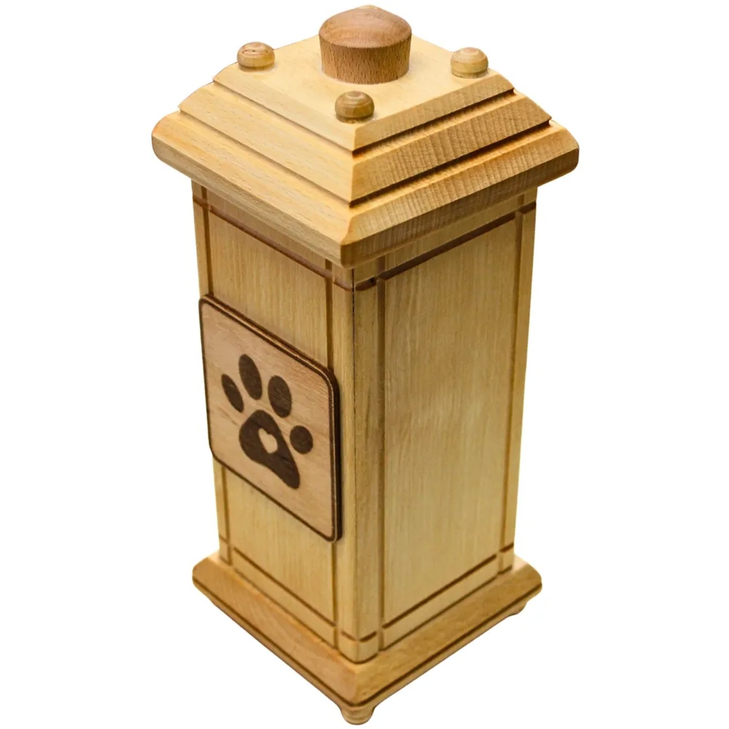 Helle Tierurne aus Buchenholz mit Hundemotiv (Pfote) für Hundeasche, 12x12x30 cm.