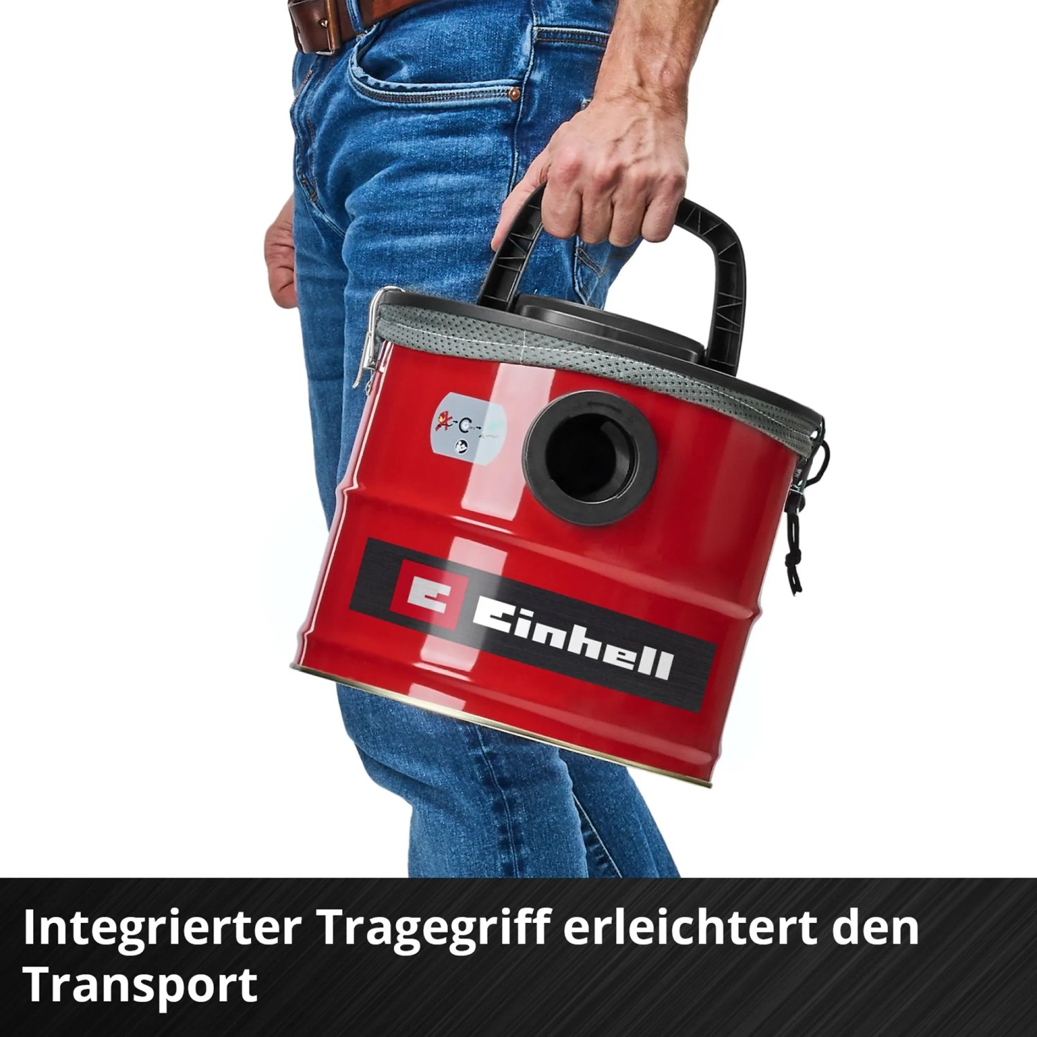 Einhell Aschesauger TC-AV 1830 D, rot, mit Tragegriff, wird von einer Person getragen.