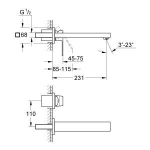 Technische Zeichnung: Grohe Eurocube 2-Loch Waschtischarmatur, Chrom, mit Maßangaben für die Installation.