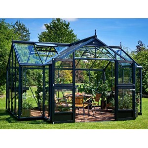 Juliana Gewächshaus Orangerie 15, anthrazit-schwarz, mit Fundamentrahmen und Inneneinrichtung.
