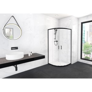 Aurlane Factory Runddusche 90x90 cm mit schwarzen Profilen und Schiebetüren im modernen Badezimmer.