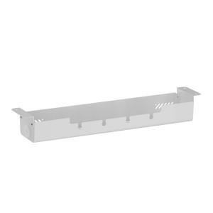 Weiße SOTECH CAVO Kabelwanne aus Stahl, horizontal, schwenkbar, zur Untertischmontage für Schreibtisch-Kabelmanagement.