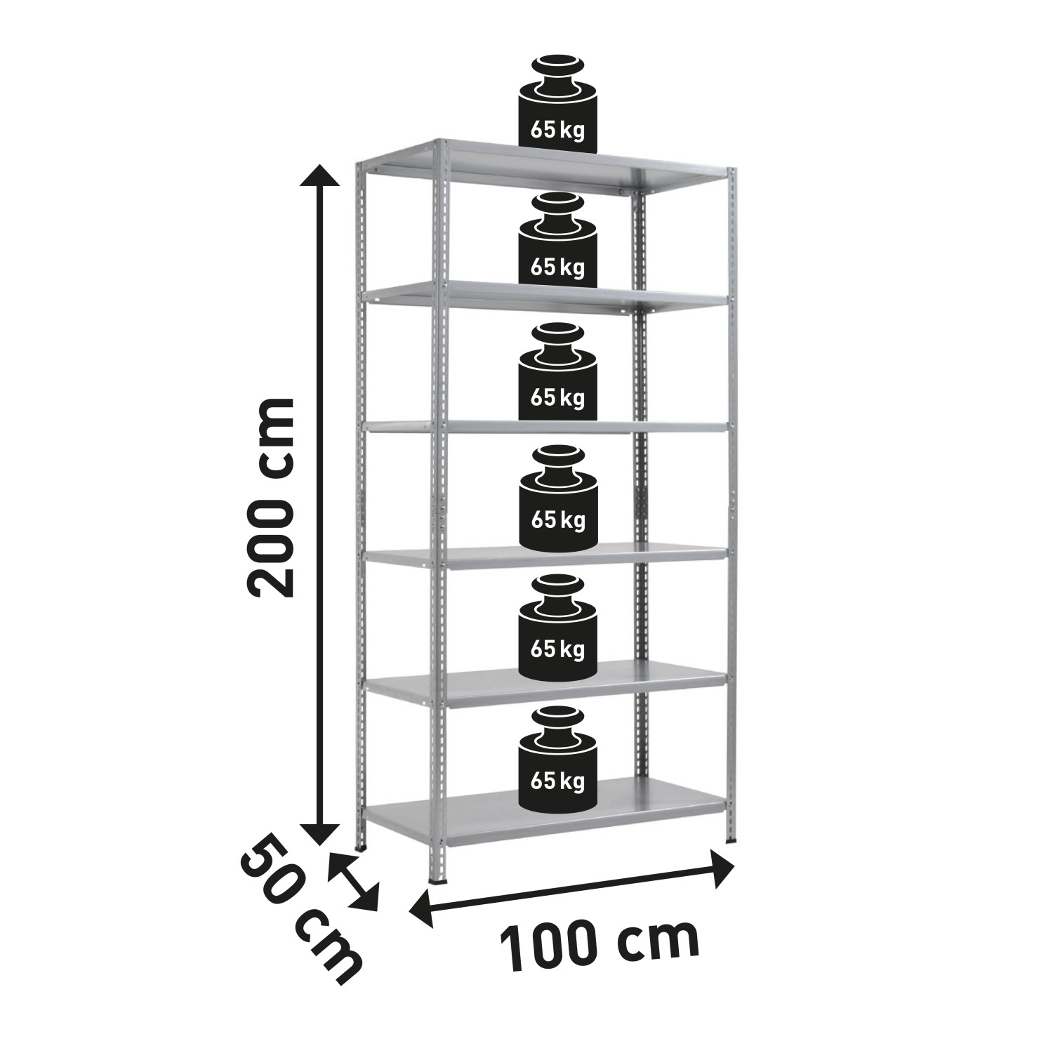 Verzinktes Metall-Schraubregal SR 100/65 mit 6 Böden, 200x100x50cm, belastbar.