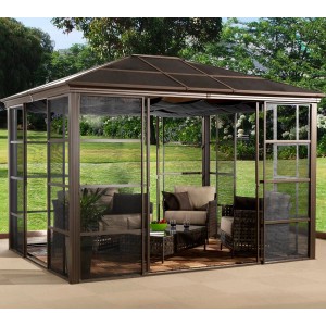 Sojag Aluminium Pavillon Castel 12 x 14 Bronze mit Moskitonetz und Möbeln.
