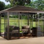 Sojag Aluminium Pavillon Castel 12 x 14 Bronze mit Moskitonetz und Möbeln.