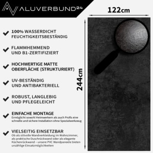 Aluverbund24 PVC Wandpaneel Industrial-Black, Natursteinoptik, 122x244cm, matte Struktur für Bad & Küche.