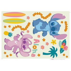 Komar Deko-Sticker Stitch Aloha mit Stitch Motiven, Surfbrettern, Blumen und Palmen.