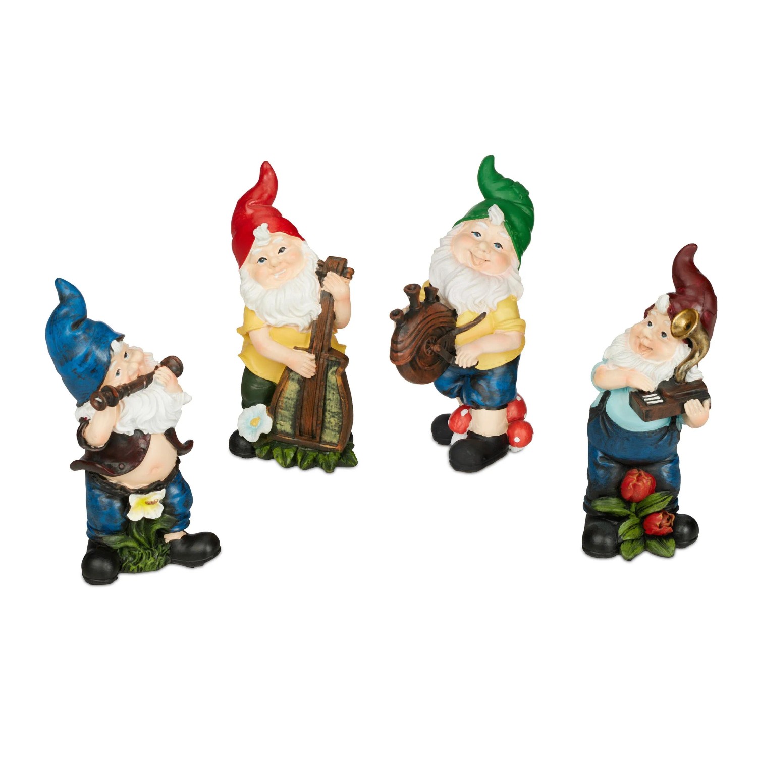 Relaxdays Gartenzwerge 4er Set Musiker Polyresin Bunt Frostsicher 15 cm x 7 cm x 10 cm 0,67 kg