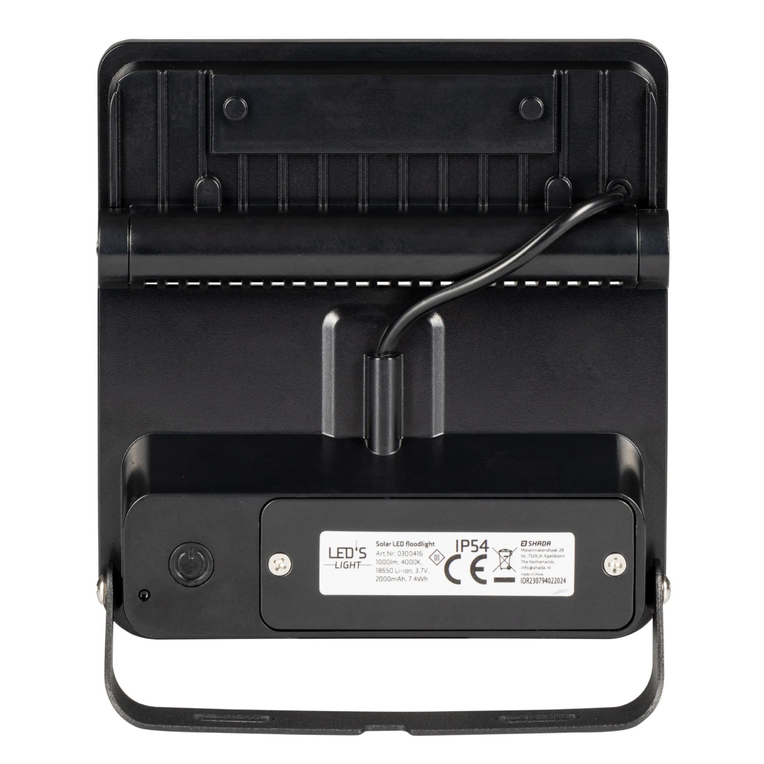 Schwarze LED Solar-Außenleuchte mit Sensor, 1000 Lumen, 4000 K, IP54, Rückansicht.