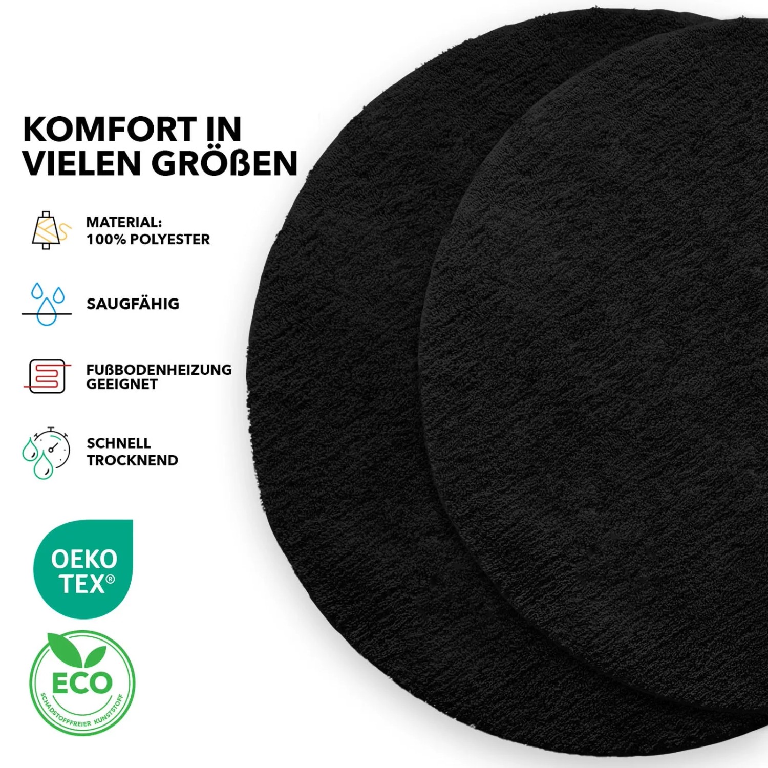 Schwarze, runde KARAT Badematte SKY, flauschiger Badteppich, Durchmesser 120 cm.