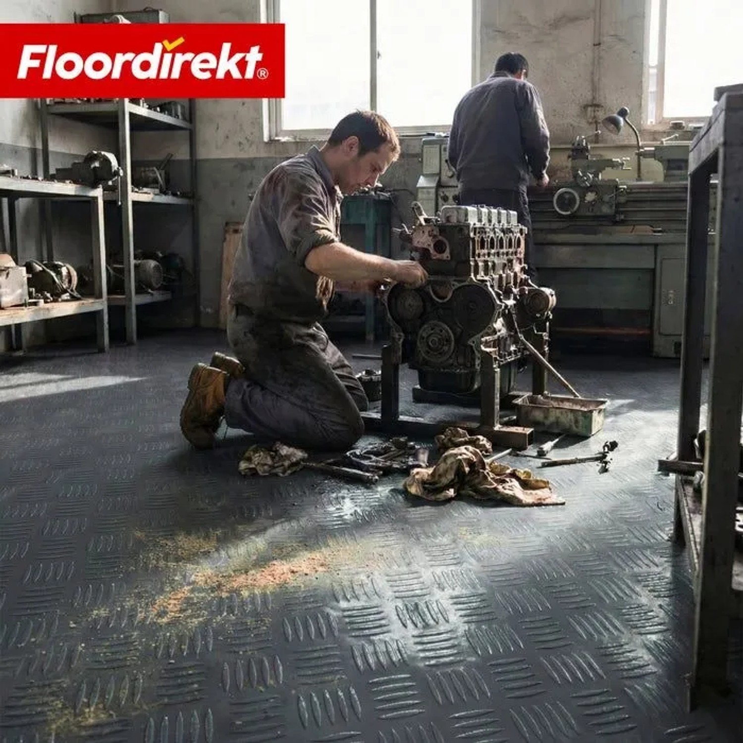 Dunkelgrauer PVC-Bodenbelag in Riffelblech-Optik im Einsatz in einer Werkstatt.