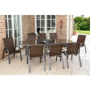 Merxx Varese Gartenmöbel-Set mit 8 Stapelsesseln und ausziehbarem Gartentisch (180/240x100 cm).
