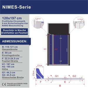 Aquabatos Dusch-Falttür Nischentür Bad Duschabtrennung mit Acryl-Eckablage Nano Duschtür 120 x 197 cm Chromoptik Rahmenlos