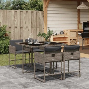 Graue 5-tlg. vidaXL Garten-Essgruppe aus Polyrattan mit Tisch und Stühlen mit Kissen.