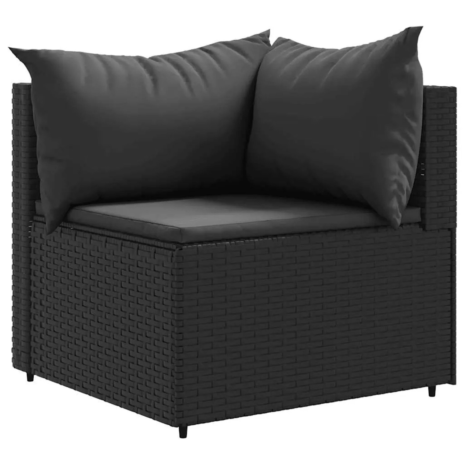 Schwarzes Garten Lounge Set Eckteil aus Polyrattan mit Kissen.