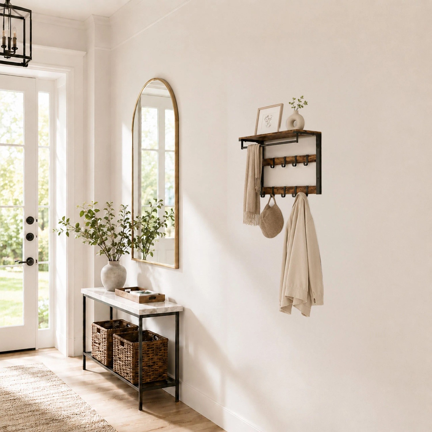 Relaxdays Wandgarderobe 65cm aus Vintagebraun MDF und schwarzem Eisen mit Ablage, Stange, 10 Haken.
