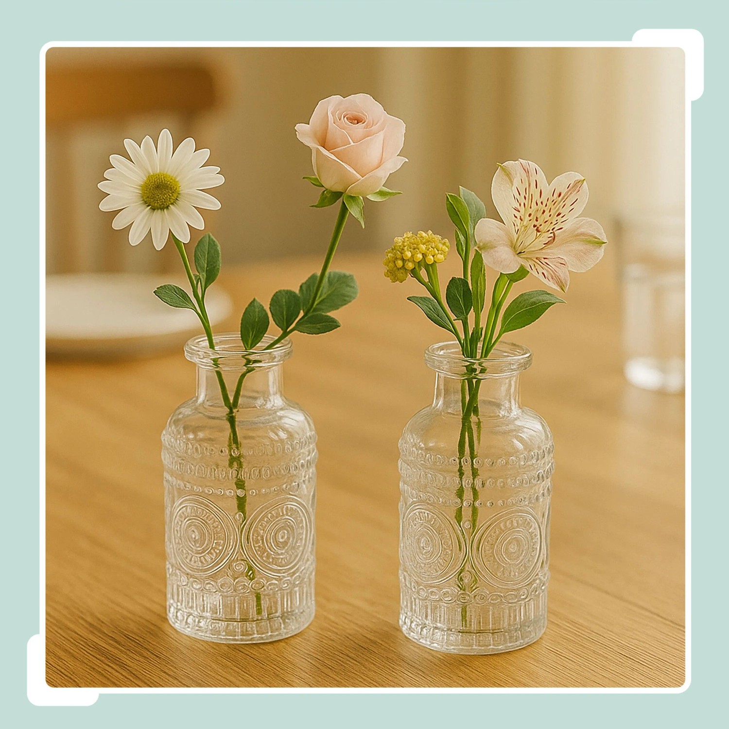 12er Set Glasvasen, transparent, mit Blumen, Tischdeko, 13x6cm