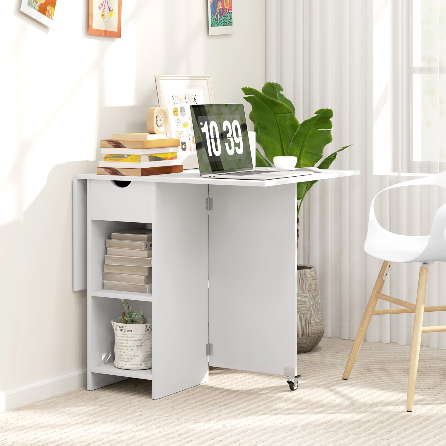 HOMCOM Esstisch, weiß, klappbar für 2-4 Personen mit Schublade und Regalfächern.