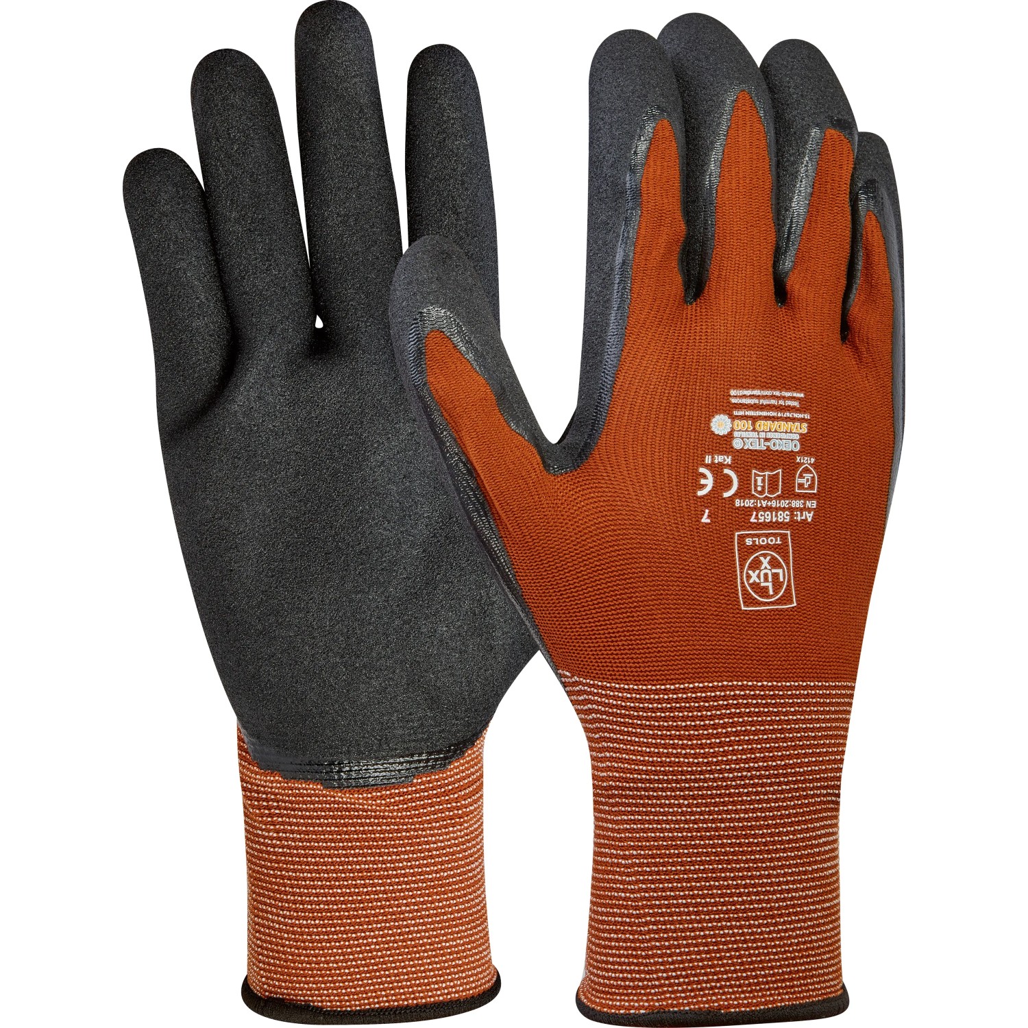 LUX Multi Handschuhe Gr. 7, Arbeitshandschuhe mit schwarzer Handfläche und orangefarbenem Handrücken.