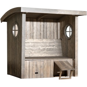 Weka Gartenlaube Merano, silbergrau gebürstet, mit Runddach, Seitenfenstern, Sitzbank und ausziehbarer Fußstütze.