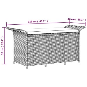 Schwarze vidaXL Gartenbank aus Poly Rattan mit Kissen, 116x46x57 cm, Detailansicht mit Maßangaben.