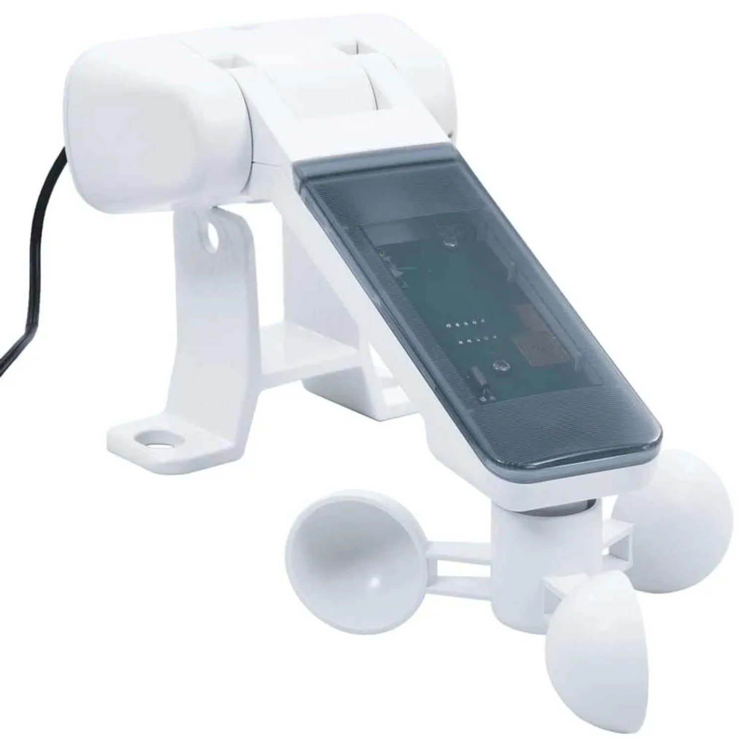 Weißer Windsensor für automatische Markise, mit drei Windmessschalen und integrierter Elektronik.
