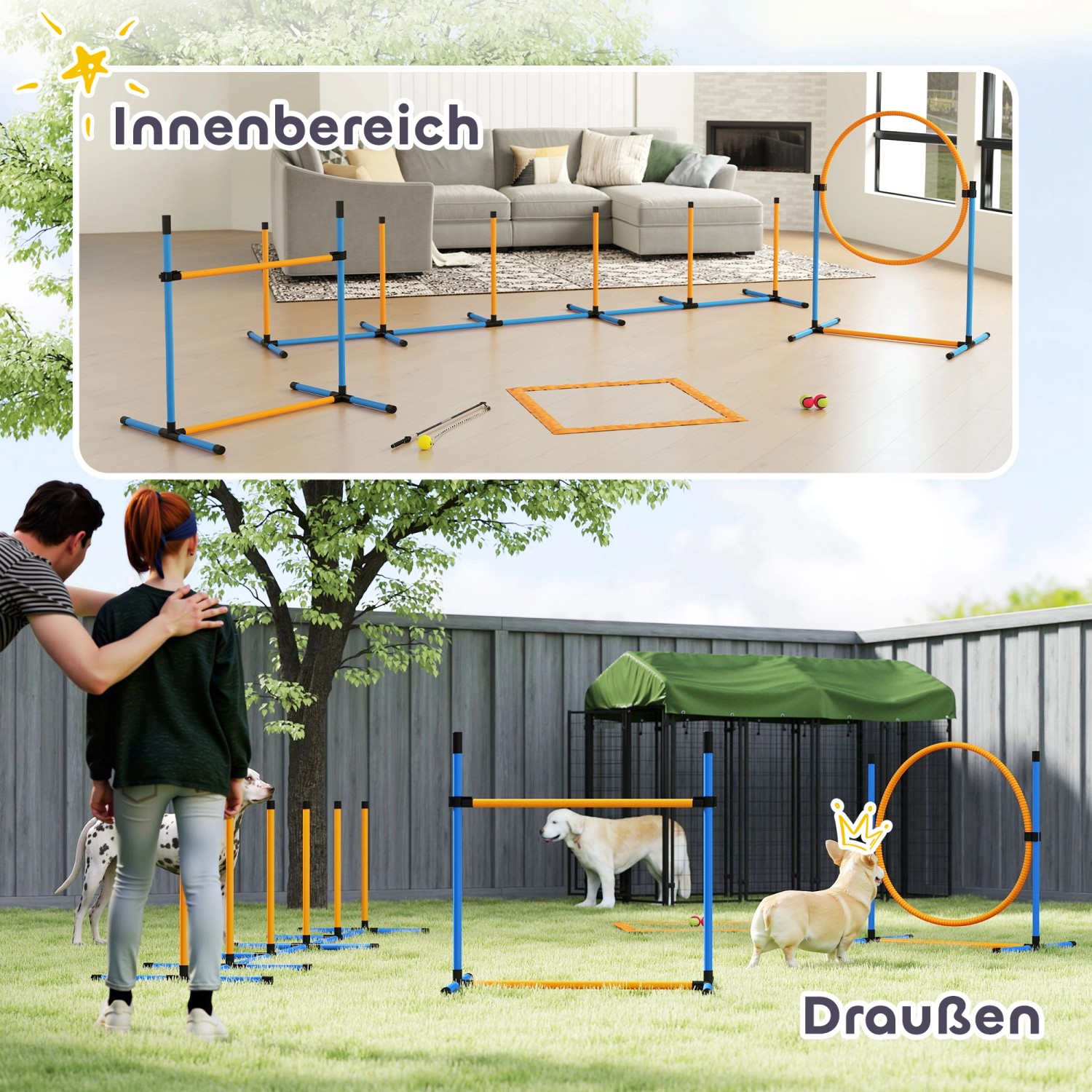 PawHut Hunde Agility Set in Blau und Orange für drinnen und draußen mit Hürden, Slalomstangen und Reifen.