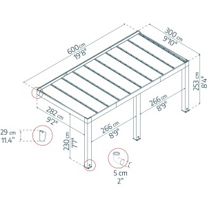 Technische Zeichnung: Palram Canopia Helsinki Terrassenüberdachung, 600x294 cm, brauner Holzrahmen, Maße.